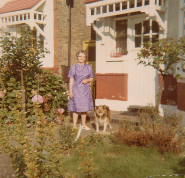 13 Clarence Ave front door - with Nancy and our Shetland sheepdog Pippa