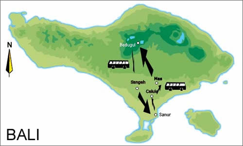 Bali map showing whereabouts for the day Bali map showing whereabouts for the day