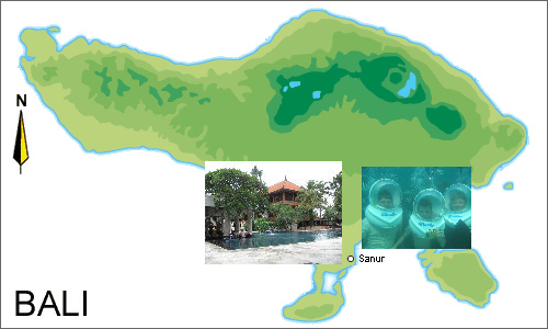 Bali map showing whereabouts for the day Bali map showing whereabouts for the day