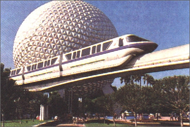 Image of the monorail in front of the giant ball at Epcot